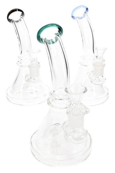 Wholesale 7.5" clear stemless beaker water pipes with black, green and blue rims in group view.