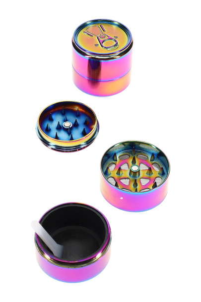 1.5-in rainbow zinc-alloy soda can 3-part metal grinder disassembled with screen and scraper; white-background wholesale product shot.
