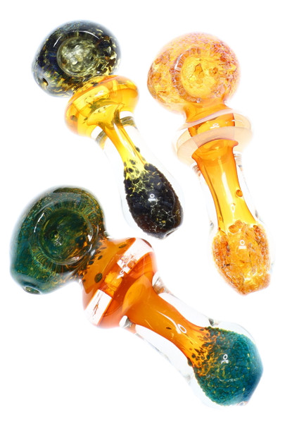 Trio of 4.5" gold-fumed color-changing spoon pipes with orb chambers and frit accents in amber/teal/orange tones, top-down studio angle for wholesale head-shops. Trio of 4.5" gold-fumed color-changing spoon pipes with orb chambers and frit accents in amber/teal/orange tones, top-down studio angle for wholesale head-shops.