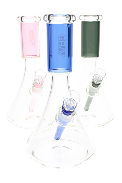 Wholesale GRAV Large Deco Beaker water pipes, nearly 12 in borosilicate with 14 mm bowls in Smoke Grey, Light Cobalt, and Pink, front trio view.