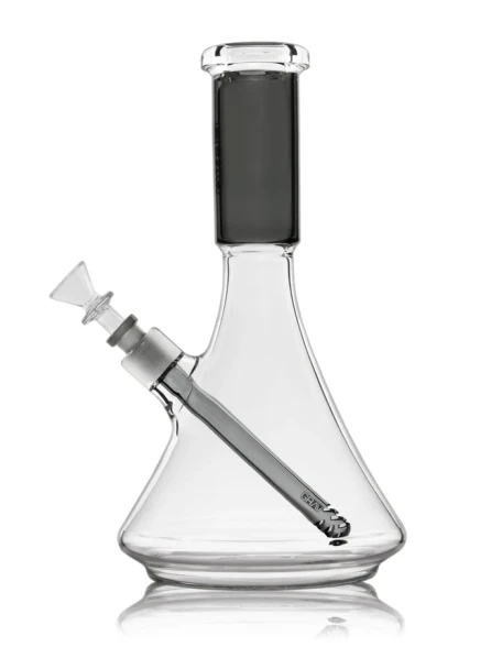 GRAV beaker water pipe with a gray neck, matching slotted downstem, clear flared mouthpiece, and angled bowl.