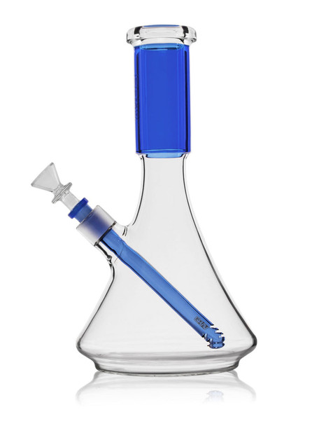 GRAV beaker water pipe with a blue neck, matching slotted downstem, clear flared mouthpiece, and angled bowl.