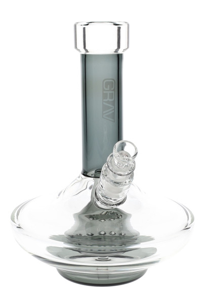 Grav smoke accented wide base glass water bong for wholesale head shop purchase.