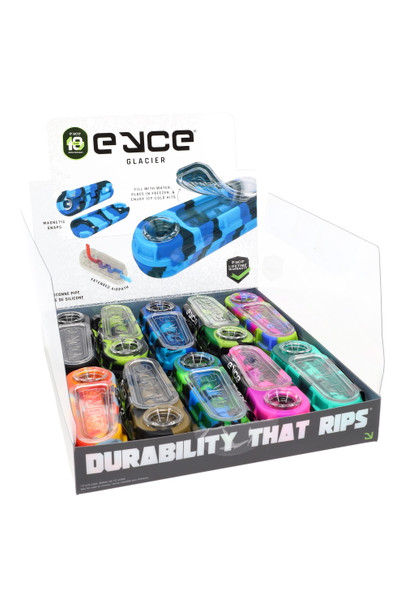 10-piece Eyce Glacier counter display, assorted colors with clear lids and feature callouts—freezable ice chamber and magnetic snaps. 10-piece Eyce Glacier counter display, assorted colors with clear lids and feature callouts—freezable ice chamber and magnetic snaps.