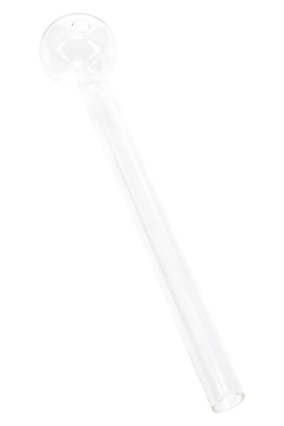 Thin 6-inch clear straight glass oil burner pipe shown on white background ready for wholesale retail smoke-shop shelves.