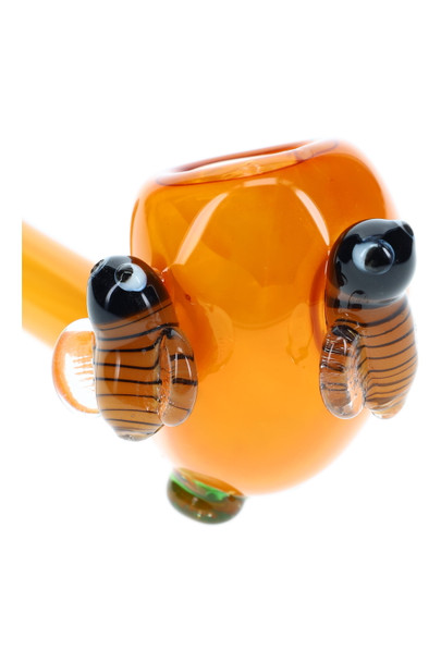 Gold fumed sherlock pipe bowl with two glass bee accents and confetti frit detail, close-up accessory view