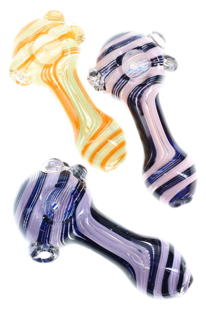 Clear glass wholesale smoking pipes with two color stripe color scheme and large marbles.