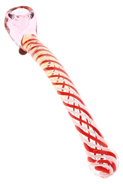 Pink glass sherlock pipe with red and white swirl striping, assorted smoke-shop hand pipe shown at front angle