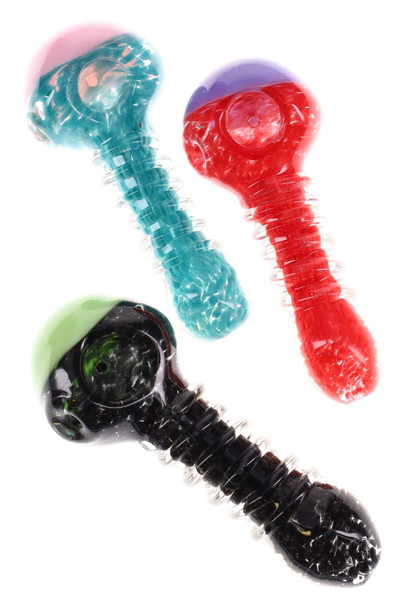Trio of 5" frit coil glass spoon pipes with neon bowls in red, teal, and black variants, angled top view for wholesale head-shop listings Trio of 5" frit coil glass spoon pipes with neon bowls in red, teal, and black variants, angled top view for wholesale head-shop listings