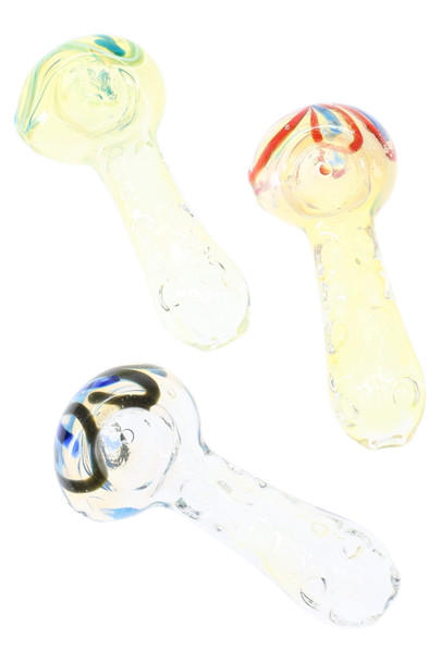 Wholesale 3-in frit color-changing glass spoon pipes, clear with multicolor stripes and dimple grips, top-view trio Wholesale 3-in frit color-changing glass spoon pipes, clear with multicolor stripes and dimple grips, top-view trio