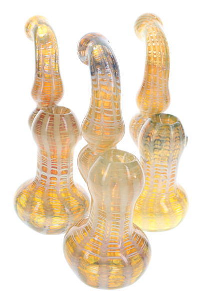 7-inch silver-fumed sherlock bubblers with color-changing amber tones and net striping, grouped front angle for head-shop wholesale merchandising 7-inch silver-fumed sherlock bubblers with color-changing amber tones and net striping, grouped front angle for head-shop wholesale merchandising