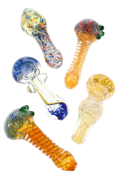 Assorted 4–5" colorful glass hand pipes with fumed hues and ribbed stems; top-down group shot for wholesale head-shop catalogs.