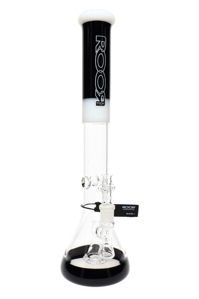 ROOR Tech 18" stemless beaker, black/white tube with black base, showerhead perc, ice pinch and 18.8 mm bowl, for wholesale listings, front view.