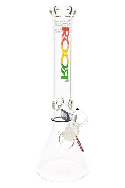 ROOR 14" clear glass beaker, rasta logo decal, 45 mm tube with ice pinch and 18.8 mm GoG joint, studio white, ideal for head-shop resale.