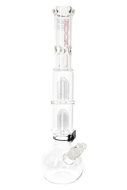 ROOR Tech 17" bubble-base beaker, clear borosilicate with red decal, stereo tree percs and ice pinch, GoG joint shown, studio white, wholesale listing. ROOR Tech 17" bubble-base beaker, clear borosilicate with red decal, stereo tree percs and ice pinch, GoG joint shown, studio white, wholesale listing.