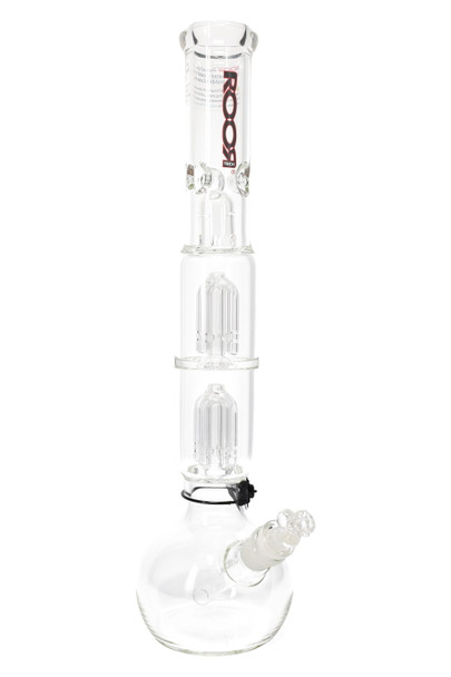 ROOR Tech 17" bubble-base water pipe, clear glass with black/red decal, double tree percs, ice pinch and 18.8 mm joint, front view for head-shop buyers. ROOR Tech 17" bubble-base water pipe, clear glass with black/red decal, double tree percs, ice pinch and 18.8 mm joint, front view for head-shop buyers.