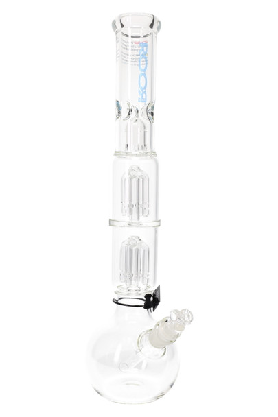 ROOR Tech 17" bubble-base beaker, clear glass with blue logo, stacked tree percs and ice pinch, GoG setup visible, angled studio shot for retail resale. ROOR Tech 17" bubble-base beaker, clear glass with blue logo, stacked tree percs and ice pinch, GoG setup visible, angled studio shot for retail resale.
