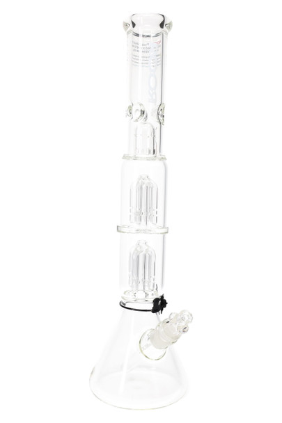 ROOR Tech 17" clear beaker water pipe, stacked tree percs with ice pinch, 5 mm walls and 45 mm tube, front angle product photo for head-shop buyers. ROOR Tech 17" clear beaker water pipe, stacked tree percs with ice pinch, 5 mm walls and 45 mm tube, front angle product photo for head-shop buyers.