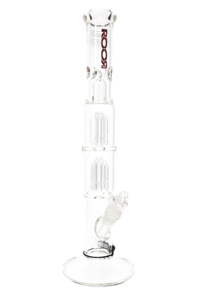ROOR Tech 17" clear straight tube with red decal, double tree percs, ice pinch and 18.8 mm GoG joint, studio white photo for smoke-shop wholesale. ROOR Tech 17" clear straight tube with red decal, double tree percs, ice pinch and 18.8 mm GoG joint, studio white photo for smoke-shop wholesale.