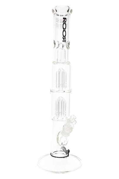 ROOR Tech 17" clear GoG straight tube, black logo, double four-arm trees, ice pinch and 14.5 mm bowl, catalog-style product image for retail resale. ROOR Tech 17" clear GoG straight tube, black logo, double four-arm trees, ice pinch and 14.5 mm bowl, catalog-style product image for retail resale.