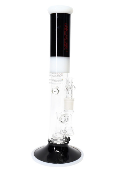 ROOR Tech 14" stemless straight shooter, black & white with red logo, ice pinch and showerhead perc, 18.8 mm GoG joint, retail smoke gear photo. ROOR Tech 14" stemless straight shooter, black & white with red logo, ice pinch and showerhead perc, 18.8 mm GoG joint, retail smoke gear photo.