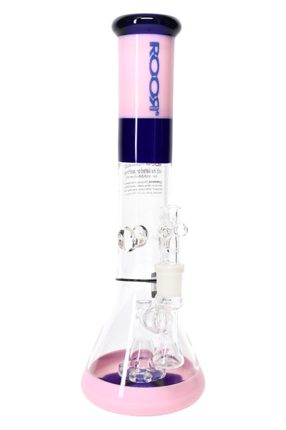 ROOR Tech 14" stemless beaker for wholesale, pink and navy accents, showerhead perc, 50 mm body with ice pinch, clear studio angle. ROOR Tech 14" stemless beaker for wholesale, pink and navy accents, showerhead perc, 50 mm body with ice pinch, clear studio angle.