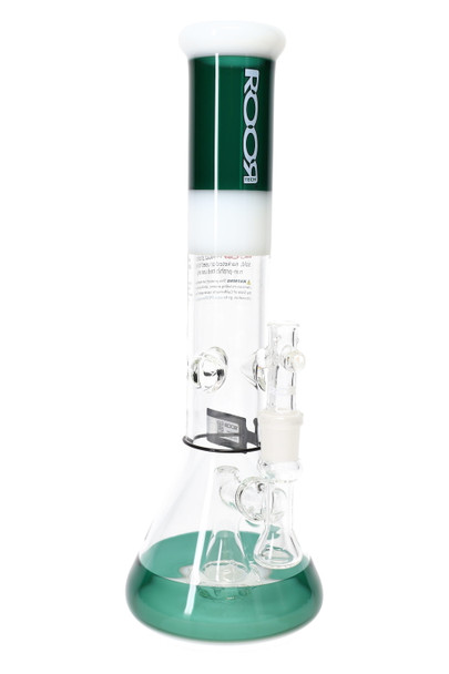 ROOR Tech 14" beaker, teal and white accents with white logo, 5 mm glass and showerhead perc, retail smoke gear photo on white backdrop. ROOR Tech 14" beaker, teal and white accents with white logo, 5 mm glass and showerhead perc, retail smoke gear photo on white backdrop.