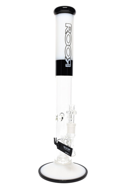 ROOR Tech 18" colored straight tube, white/black trim, stemless intake with showerhead perc, 5 mm glass, studio front view for wholesale listings. ROOR Tech 18" colored straight tube, white/black trim, stemless intake with showerhead perc, 5 mm glass, studio front view for wholesale listings.