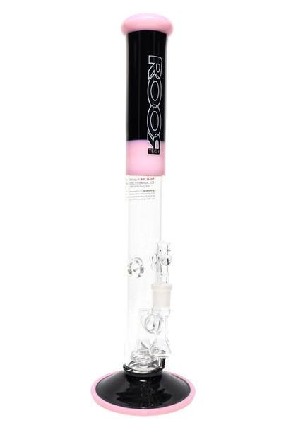 ROOR Tech 18" straight shooter, black with pink band, stemless GoG joint and showerhead perc, retail smoke gear product photo, white background. ROOR Tech 18" straight shooter, black with pink band, stemless GoG joint and showerhead perc, retail smoke gear product photo, white background.