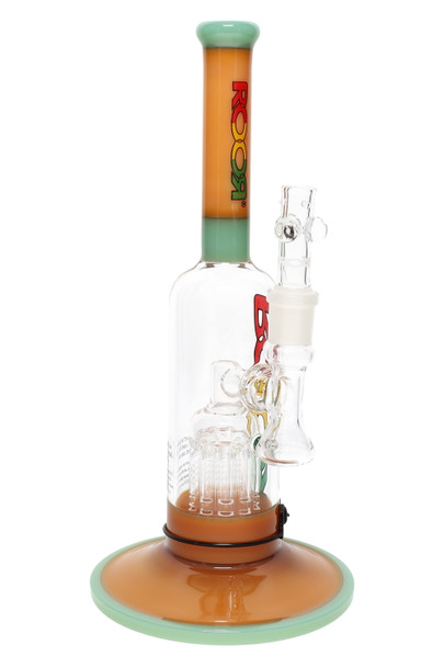 ROOR Tech 12" bubbler, rasta decal with mint green accents and tree perc, multicolor wide base, front three-quarter view for head-shop supplies. ROOR Tech 12" bubbler, rasta decal with mint green accents and tree perc, multicolor wide base, front three-quarter view for head-shop supplies.