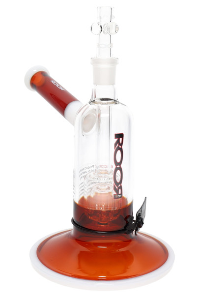 ROOR Tech 7.5" GoG bubbler in amber/white with black-red decal, barrel perc and 18.8 mm joint, angled product view for smoke-shop buyers. ROOR Tech 7.5" GoG bubbler in amber/white with black-red decal, barrel perc and 18.8 mm joint, angled product view for smoke-shop buyers.