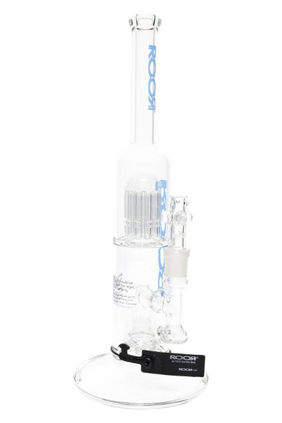 ROOR Tech 14" stemless straight tube, blue decal, tree to showerhead perc stack, wide round base, front angle on white for wholesale head-shop listings. ROOR Tech 14" stemless straight tube, blue decal, tree to showerhead perc stack, wide round base, front angle on white for wholesale head-shop listings.