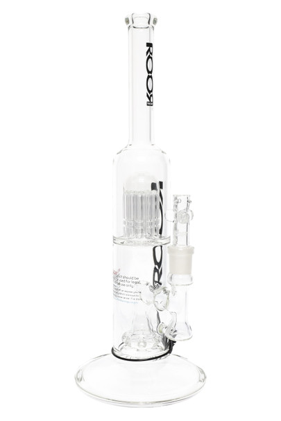 ROOR Tech 14" clear straight tube, black decal variant, stemless intake with tree and showerhead percs, 18.8 mm female joint, studio white product shot. ROOR Tech 14" clear straight tube, black decal variant, stemless intake with tree and showerhead percs, 18.8 mm female joint, studio white product shot.