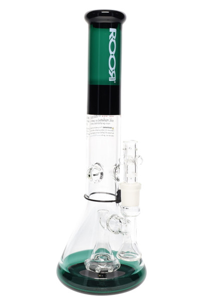 ROOR Tech 14" stemless beaker for wholesale, teal/black accents with white decal, showerhead perc and ice pinch, 45 mm tube, front angle on white. ROOR Tech 14" stemless beaker for wholesale, teal/black accents with white decal, showerhead perc and ice pinch, 45 mm tube, front angle on white.