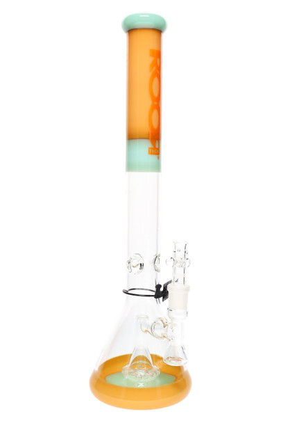 ROOR Tech 18" stemless beaker, Tangie & mint accents with orange logo, showerhead perc and ice pinch, 45 mm tube for wholesale head-shop listings, front angle. ROOR Tech 18" stemless beaker, Tangie & mint accents with orange logo, showerhead perc and ice pinch, 45 mm tube for wholesale head-shop listings, front angle.