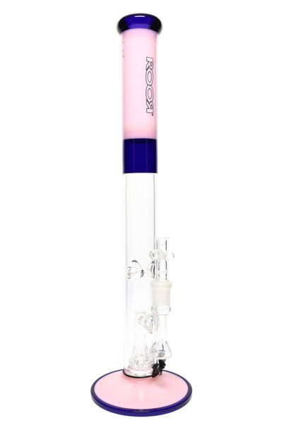 ROOR Tech 18" straight shooter, pink & blue accents with white/black logo, ice pinch above showerhead perc, glass retail smoke gear shot, front view. ROOR Tech 18" straight shooter, pink & blue accents with white/black logo, ice pinch above showerhead perc, glass retail smoke gear shot, front view.