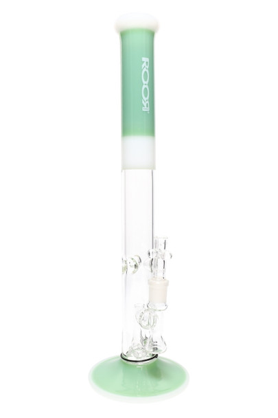 ROOR Tech 18" stemless straight tube, mint & white accents with white logo, reinforced stem and showerhead perc, catalog-style image for head-shop buyers. ROOR Tech 18" stemless straight tube, mint & white accents with white logo, reinforced stem and showerhead perc, catalog-style image for head-shop buyers.