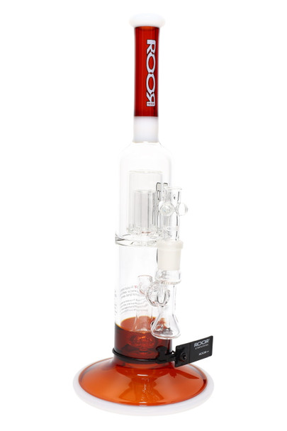 ROOR Tech 15" stemless straight tube for wholesale, amber/white accents, barrel + showerhead percs, 60 mm body, front angle on white background. ROOR Tech 15" stemless straight tube for wholesale, amber/white accents, barrel + showerhead percs, 60 mm body, front angle on white background.