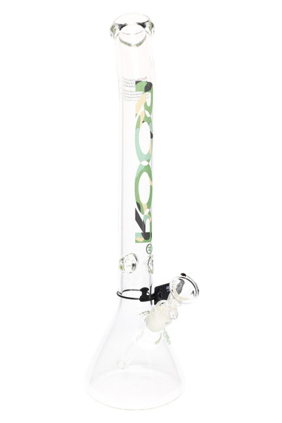 ROOR 18" beaker with bent neck, camouflage logo decal, clear glass, ice pinch and downstem shown, catalog-style angle for retail smoke gear.