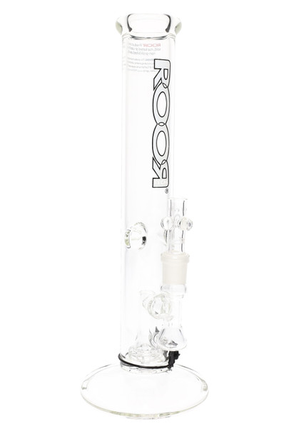 ROOR Tech 14" straight tube, white/black logo variant, clear borosilicate with showerhead perc and ice pinch, head-shop product photo, centered front view. ROOR Tech 14" straight tube, white/black logo variant, clear borosilicate with showerhead perc and ice pinch, head-shop product photo, centered front view.