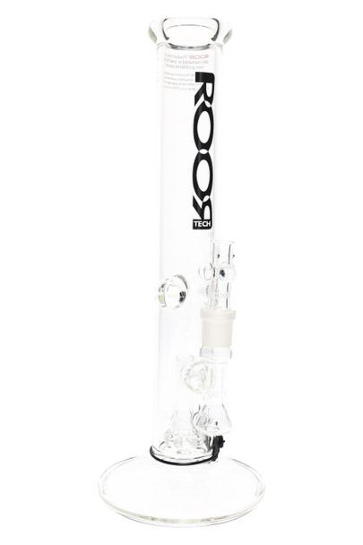 ROOR Tech 14" clear stemless straight tube, black logo, 5 mm walls with showerhead perc and ice catcher, round base, studio front angle for smoke-shop resale. ROOR Tech 14" clear stemless straight tube, black logo, 5 mm walls with showerhead perc and ice catcher, round base, studio front angle for smoke-shop resale.