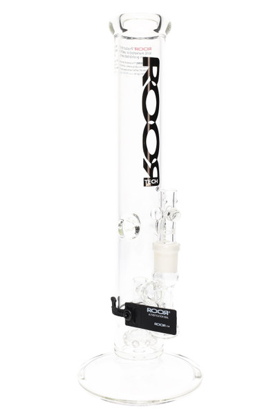 ROOR Tech 14" straight shooter, black logo variant with authentication tag, stemless GoG section and showerhead perc, clear front view for wholesale listings. ROOR Tech 14" straight shooter, black logo variant with authentication tag, stemless GoG section and showerhead perc, clear front view for wholesale listings.