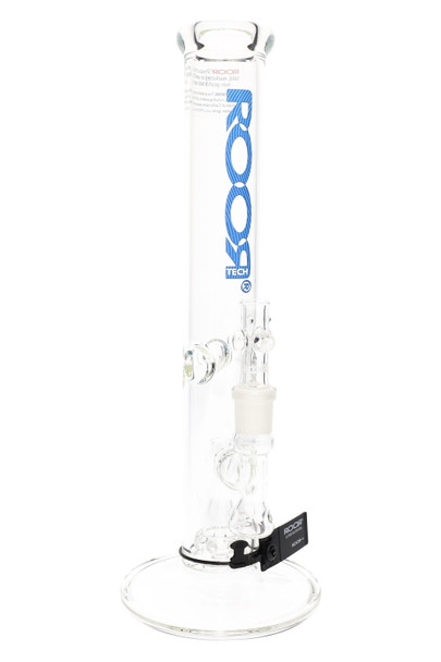 ROOR Tech 14" stemless straight tube, blue logo, 50 mm tube with ice pinch and showerhead perc, studio product image angled for retail head-shop buyers. ROOR Tech 14" stemless straight tube, blue logo, 50 mm tube with ice pinch and showerhead perc, studio product image angled for retail head-shop buyers.