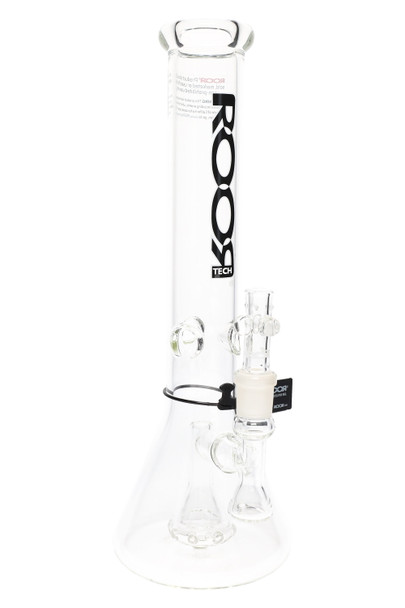 ROOR Tech 14" beaker, black & white decal, 5 mm borosilicate with showerhead perc and ice catcher, round base; retail smoke gear product image. ROOR Tech 14" beaker, black & white decal, 5 mm borosilicate with showerhead perc and ice catcher, round base; retail smoke gear product image.