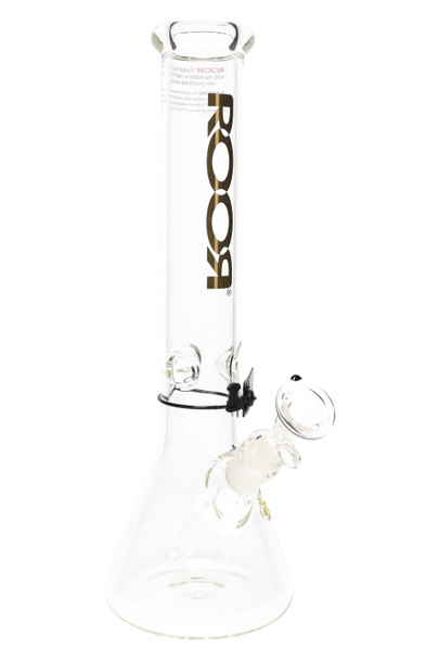ROOR 14" clear beaker water pipe, solid gold logo decal, 50 mm body with ice pinch and 14.5 mm bowl, catalog-style image for retail smoke gear. ROOR 14" clear beaker water pipe, solid gold logo decal, 50 mm body with ice pinch and 14.5 mm bowl, catalog-style image for retail smoke gear.