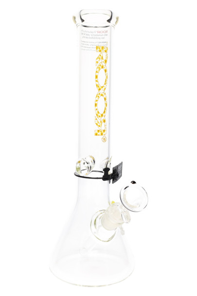 ROOR 14" clear beaker, daisy-pattern gold logo decal, thick 5 mm glass with ice pinch, angled front view for head-shop product listings. ROOR 14" clear beaker, daisy-pattern gold logo decal, thick 5 mm glass with ice pinch, angled front view for head-shop product listings.