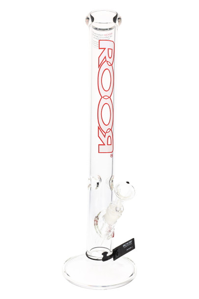 ROOR 18" straight tube, white outline red logo variant, 5 mm thick glass with ice pinch and clear 14.5 mm bowl, clean front view for B2B listings. ROOR 18" straight tube, white outline red logo variant, 5 mm thick glass with ice pinch and clear 14.5 mm bowl, clean front view for B2B listings.