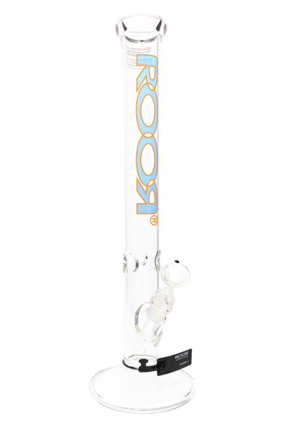 ROOR 18" glass straight tube, blue & orange outline decal, 50 mm diameter with ice catcher and ground joint, angled studio shot for smoke-shop resale.
