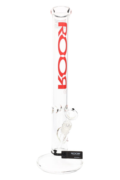 ROOR 18" straight shooter, solid red outline logo, thick 5 mm borosilicate with ice pinch and downstem, front angle on white for wholesale catalog. ROOR 18" straight shooter, solid red outline logo, thick 5 mm borosilicate with ice pinch and downstem, front angle on white for wholesale catalog.