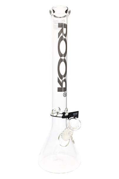 ROOR 18" beaker, platinum logo decal, clear borosilicate with ice pinch and ground-joint downstem, centered studio view for retail smoke gear. ROOR 18" beaker, platinum logo decal, clear borosilicate with ice pinch and ground-joint downstem, centered studio view for retail smoke gear.